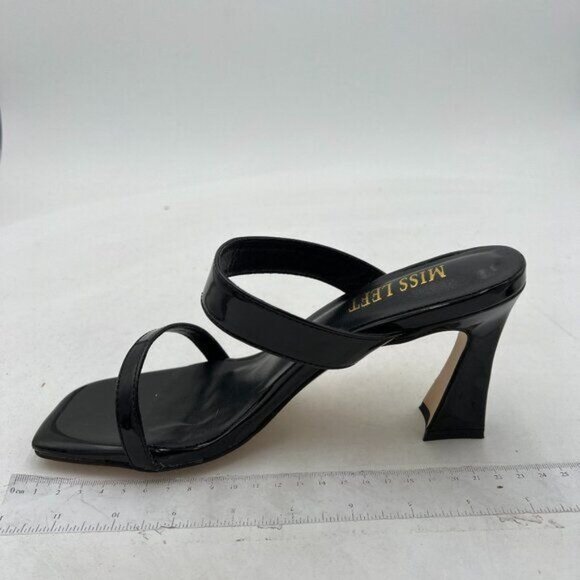 Miss Left Black Open Toe Dual Strappy Mule Slip On Chunky High Heel Sandals - Picture 2 of 8